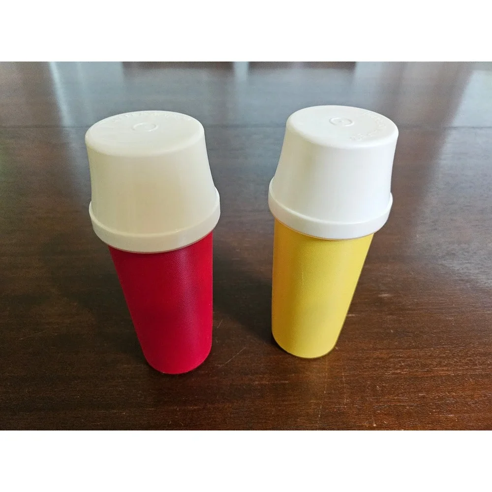 Tupperware Pump Dispensers Kitchen Set Red Yellow Vintage Tabletop Condiment S2